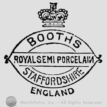Designs on oval panels. Crown above. Booths above, Staffordshire below, Royal Semi Porcelain in the centre inside rectangular frame. England written below the oval