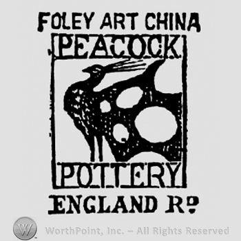 Foley Art China written above. Rectangular panel which includes a frame above with Peacock written inside, a frame below with Pottery written inside, an image of a peacock in between. England Ro. written beneath