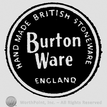 Design on black circular panel. Burton Ware written in the centre, Hand Made British Stoneware curved written above, England written below