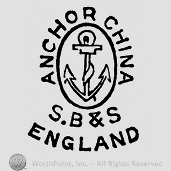Anchor wrapped in rope, inside oval. Anchor China curved written above, S.B. & S England curved written below