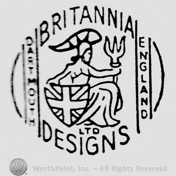 Image of a woman warrior with shield and trident in her hands, helmet on her head. Britannia written above, Ltd Designs written below, England vertical written on the right side between two vertical lines, Dartmouth vertical on the left side between vertical lines