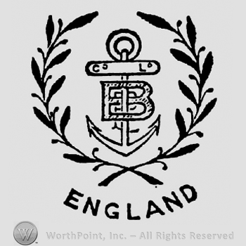Monogram of initials: B P Co Ltd. over an anchor, surrounded by two branches of olives, England curved written beneath