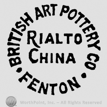 Rialto China capital written on two rows in the centre, British Art Pottery Co. Fenton written around, forming a circular panel