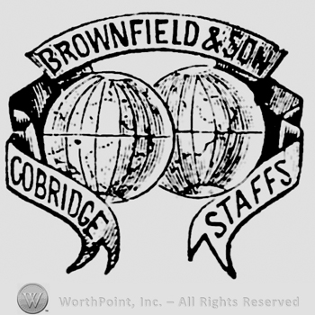 Two globes united. Ribbon surrounding them with inscription: Brownfield & Son above, Cobridge on the left, Staffs on the right