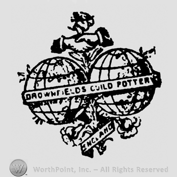 Two globes united by a ribbon surrounding them with the inscription: Brownfield Guild Pottery. Two shaking hand above, ribbon with England written on beneath all