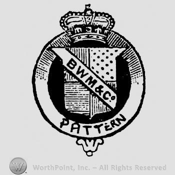 Garter mark with crown over. Shield inside with diagonal line with inscription BWM & Co, Pattern written below