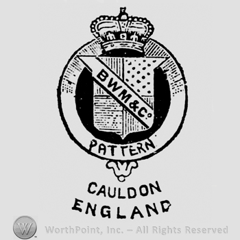Garter mark with crown over. Shield inside with diagonal line with inscription BWM & Co, Pattern written below. Caulton England curved written beneath, on two rows