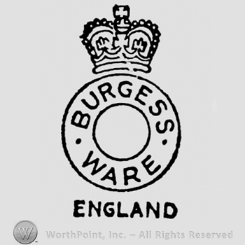 Designs on circular panel. Crown above, Burgess Ware written inside, England written beneath