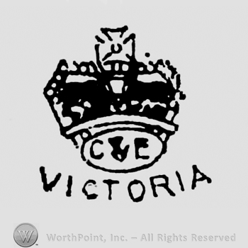 Crown above with initials: C&E. Victoria, curved written below