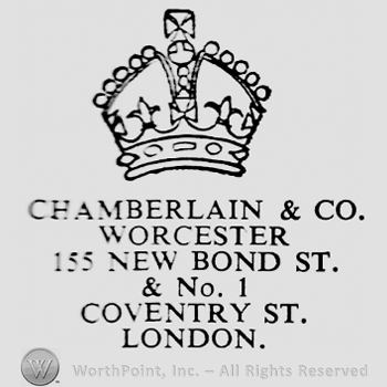 Crown above six rows of writings: Chamberlain & Co. Worcester 155 New Bond St. & No. 1 Coventry St. London