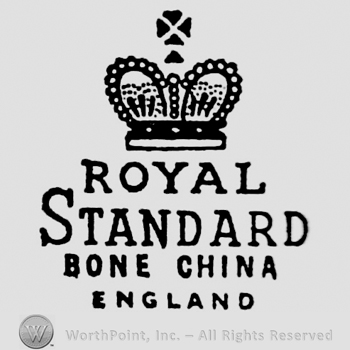 Crown containing pearls and cross on top. Royal Standard Bone China England written below on four rows
