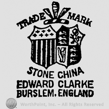 Trade Mark written above, fleur-de-lis symbol between the two. Two shield below: first is divided in two, vertical lines and stars above, second is divided in four. Stone China, Edward Clarke Burslem. England written below the shield