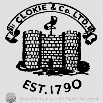 Ribbon above with inscription: Clokie & Co Ltd. Castle with flag above, Est. 1790 written below