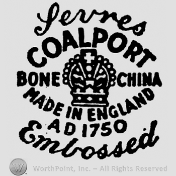 Levres, handwritten on top. Coalport bold and curved written above crown between writings Bone and China. Made in England curved written below. AD 1750 written beneath. Embossed curved written on the bottom