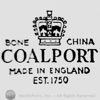Crown between writings Bone and China. Coalport, large capital written below. Made in England, Est. 1750 written beneath, on two rows