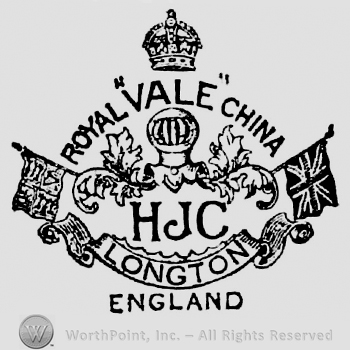 Crown on top. Royal Vale China curved written above helmet surrounded by long leafs and two flags. HJC large capital written below. Ribbon with inscription: Longton. England written beneath