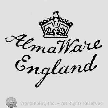 Crown above curved writings on two rows: Almaware, England