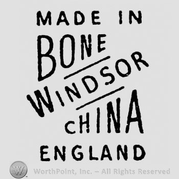 Writings on five rows: Made in, Bone written from larger to smaller letters, on a slanted line, Windsor written on slanted line, China from small letters to larger letters, England on the bottom