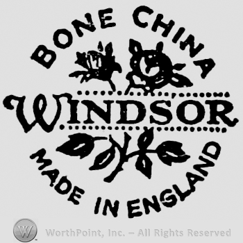 Curved writings above: Bone China, below: Made in England. Windsor written in the centre, over roses, between two lines of small pearls