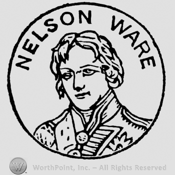 Nelson Ware: curved and capital written above a man figure, on a circular panel