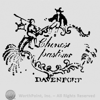 Davenport written below. Two Asian men on top of a laurel frame. Chinese followed by another word written inside the frame