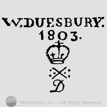 W. Duesbury 1803 written above crown. Handwritten initial D below two crossed lines, 6 dots between