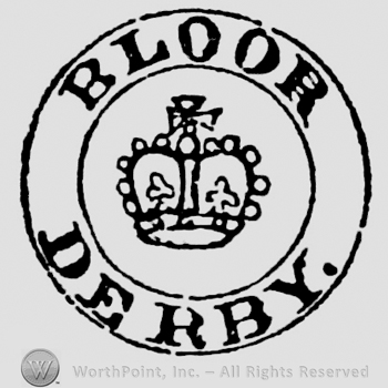 Crown containing cross, pearls, fleur-de-lis. Bloor written above, Derby written below, inside a circular panel