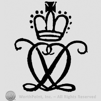 Crown containing cross and pearls. Two lines forming an X over a heart