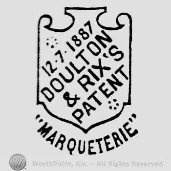 Writings on a shield: 12 7 1887, Doulton & Rix's Patent, on slanted line. Marqueterie curved written below between quotation marks