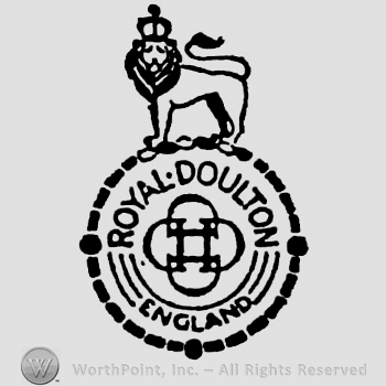 Crowned lion above. Stylish cross in the centre, Royal Doulton curved written above, England curved written below, surrounded by small and large pearls