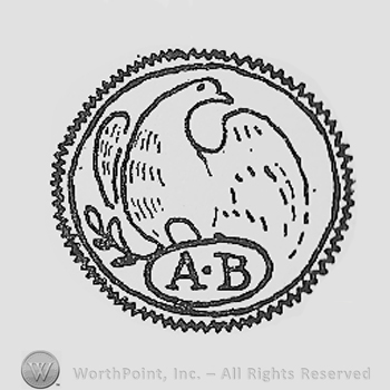 Serrated double circle enclosing an eagle and initials A and B bellow.