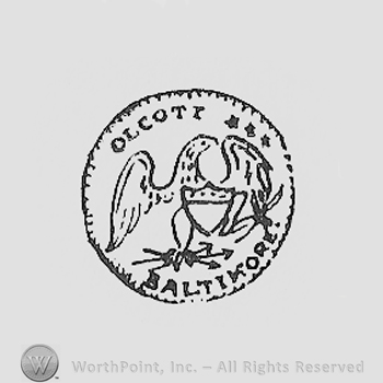 Circle enclosing an eagle and a shield; OLCOTT BALTIMORE written.