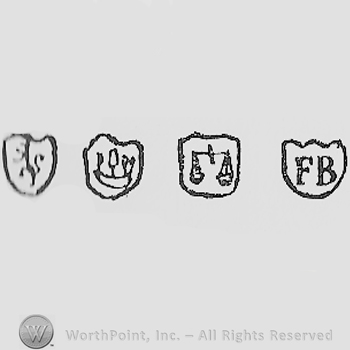 Four shapes; first with a devil, second with a boat, third with a balance and last with initials F and B.