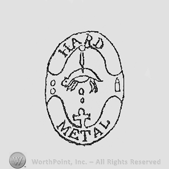 Circle enclosing an animal, a cross and HARD METAL written above and bellow.