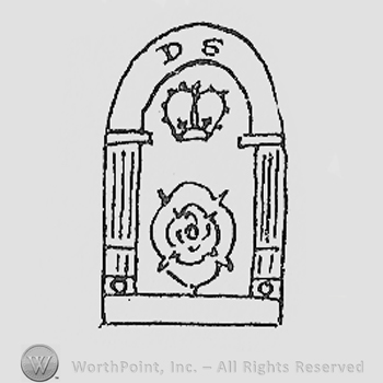 Crowned rose under an arch; initials D and S.
