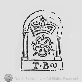 Crowned rose under an arch; initials T and B.