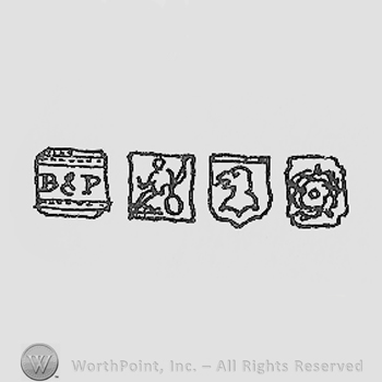 Four squares; first with initials B & P, second with a man, third with an animal and last with a rose.