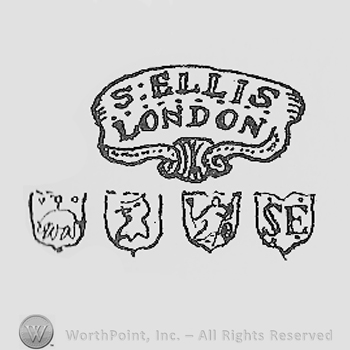 Four shields; first with an animal, second with a bird, third with a human and last with initials S and E; S.ELLIS LONDON  written above.