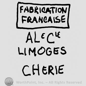 Fabrication Francaise written with uppercase letters in a rectangle over A L Cie Limoges Cherie written with uppercase letters