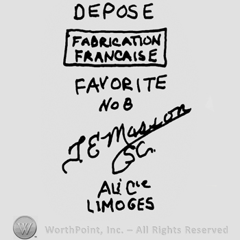 Depose written with uppercase letters over Fabrication Francaise written with uppercase letters inside a rectangle, over Favorite No. 8 also written with uppercase letters, handwritten J.E. Masson SC below and uppercase A L Cie Limoges