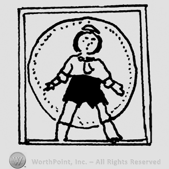 Puppet standing with a circle in the background, inside a double-lined square