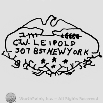 C.W. Leipold 307 8ST New York written with uppercase letters inside an ornamented oval design with a dove above with branches in claws