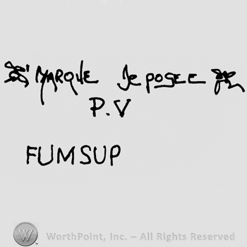 Marque Deposee handwritten over P.V. Fumsup written with uppercase letters