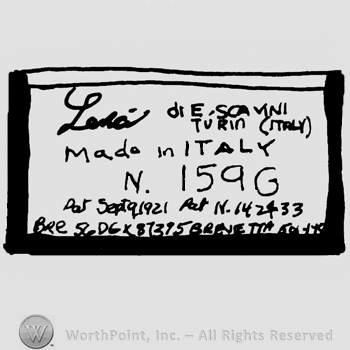 Lenci handwritten with lowercase letters, Di Escavini Turin (Italy) written with uppercase letters over Made in Italy written with uppercase and lowercase letters, uppercase N and number 159 next to uppercase G, Pat. Sept. 9 1921, Pat. No. 142433 written with lowercase letters over uppercase letters and numbers, all inside a rectangle