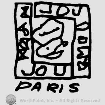 Jou Jou written with uppercase letters on a square with a complex design in the centre, Paris written below with uppercase letters