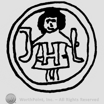 Doll holding uppercase L and J in hands and uppercase H written on the dress, all inside a double-lined circle