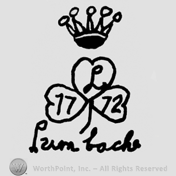 Crown over a three-leaf clover, uppercase handwritten L and numbers 17 and 72 written on it's leaves, Lumbach handwritten below