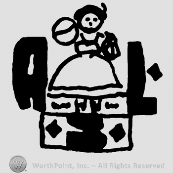 Doll on an ornamented stand, uppercase A and L written on sides