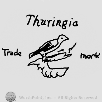 Thuringia written with lowercase letters over a bird on a branch, Trade Mark written on sides with lowercase letters