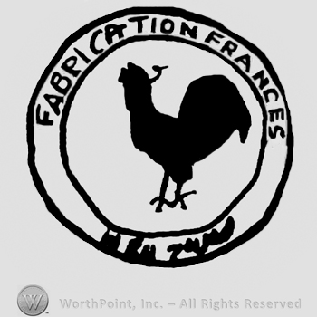 Rooster inside a circle, Fabrication Francais written around it with uppercase letters, undescifrable writing below